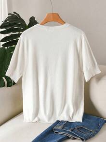 CosyJoli Plus Size Women Solid Color Short Sleeve Single-Breasted Casual Knit Cardigan - White - View 2