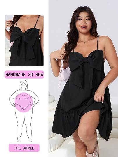 SHEIN EZwear 春夏新款休闲连衣裙，适合日常穿着、派对、婚礼、音乐节、返校、毕业典礼、度假、街头风、居家休闲、观光等多种场合，可外穿或叠穿，大码蝴蝶结装饰，可调节肩带，宽松版型，荷叶边下摆，短款，黑色，大码