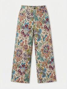 lacRébo Quần ống rộng cạp cao họa tiết hoa jacquard kiểu cổ điển, thích hợp cho mùa thu đông. - Nhiều màu - Xem 6