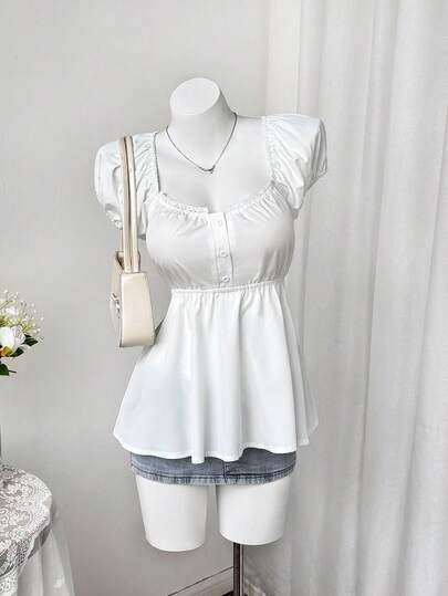 Sweetra Áo kiểu nữ cỡ lớn mùa hè dáng suông màu trơn cổ tim tay bèo nhún