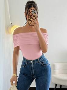 Rafferiza Women's Elegant Off-Shoulder Ruched Hem Bodysuit, Slim Fit - Pink - View 6