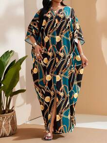 SHEIN CURVE+ 大码女士优雅派对/通勤/办公彩色钩针不对称长袍，夏季卡夫坦度假套装 - 彩色 - 查看 5