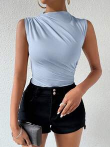 SHEIN VaVaLuxe Tight Pleated Solid Stand Collar Sleeveless Bodysuit - Blue - View 3