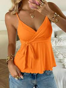 CovetEZ 女士春夏新品 - 甜美休闲橙色清新少女侧系荷叶边吊带背心 - 橘色 - 查看 4