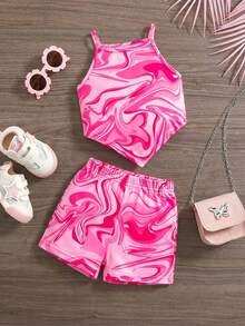 SHEIN 女婴可爱夏季针织图案背心和短裤套装 - 彩色 - 查看 1