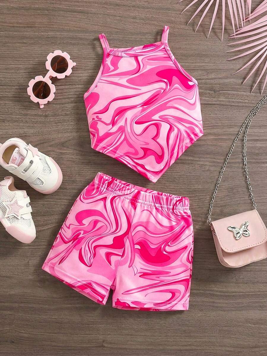 SHEIN 女婴可爱夏季针织图案背心和短裤套装 - 彩色 - 查看 1