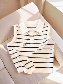 Airaco Camiseta de tirantes casual y versátil con cuello polo a rayas para mujer - Blanco - Ver 1