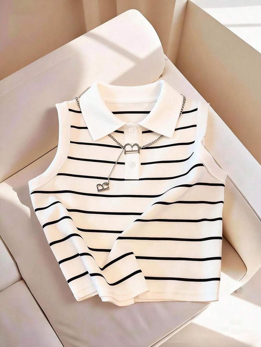 Airaco Camiseta de tirantes casual y versátil con cuello polo a rayas para mujer - Blanco - Ver 1