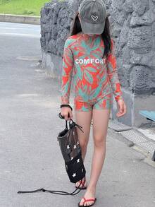 Livesso Tween Girl One-Piece Tropical Plant & Letter Print Swimsuit With Shorts - Orange - View 5
