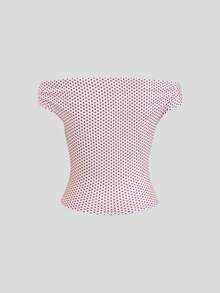 Elamini Camiseta de manga corta ajustada con hombros descubiertos y estampado de lunares rosas, para mujer, primavera/verano, vacaciones, playa bohemia, elegante y dulce, citas, compras, minimalista para ir y venir, vuelta al colegio, uso diario versátil - Rosa - Ver 2