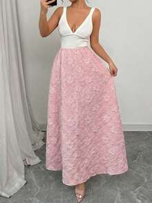 Elenzga 1pc Women's Spring/Summer Floral Jacquard Textured Ruched A-Line Elegant Skirt - Pink - View 3