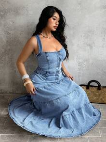 Sunnyshic Plus Size Summer Casual Front Button Backless Halter Denim Dress - Blue - View 4