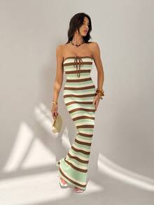 SHEIN Tall Đầm maxi cúp ngực ôm sát, đan móc, lãng mạn mùa hè, phối màu xuân/hè, dành cho nữ. - màu xanh lá - Xem 6