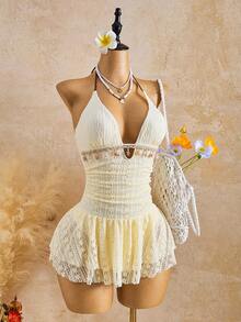 Bellisia Women's White Summer Boho Sexy Holiday Pool Golf Party Solid Color Pleated Pendant Decor Halter Dress,Elegant Vintage Casual Beach Vacation Outfits - Beige - View 4