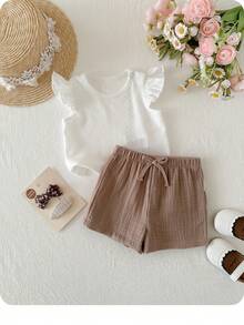 1-Piece Summer Cute White Top And Shorts Set With Elastic Waist - Apricot - View 7