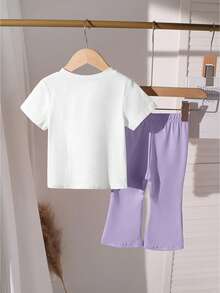 Set de 2 piezas: Camiseta morada con decoración de lazo y pantalones acampanados para niñas pequeñas, conjunto versátil y a juego, adecuado para uso diario, casual y cómodo para el hogar o salidas - Multicolor - Ver 2