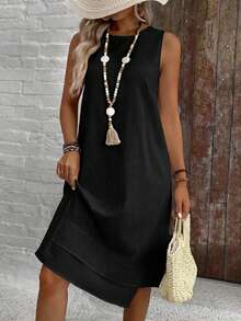 EMERY ROSE Casual Solid Color Round Neck A-Line Summer Dress, Women Summer Dress,Casual - Black - View 4