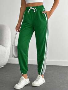 Contrast Panel Drawstring Waist Striped Side Sweatpants - Green - View 5