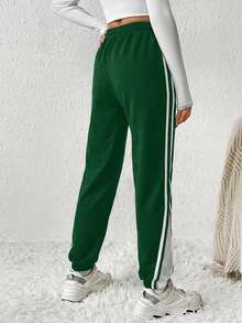 Cottnline Contrast Side Seam Drawstring Waist Slant Pocket Sweatpants - Army Green - View 2