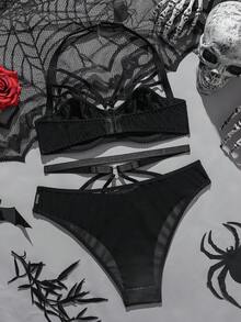 2pcs/Set Women's PU Leather Bra With Steel Rings - Black - View 7