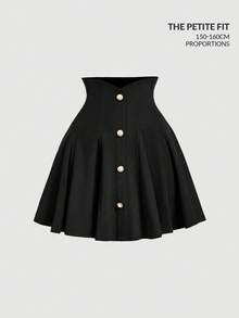 SHEIN MOD Petite Women's High Waist Button Design Elegant Skirt - Black - View 1