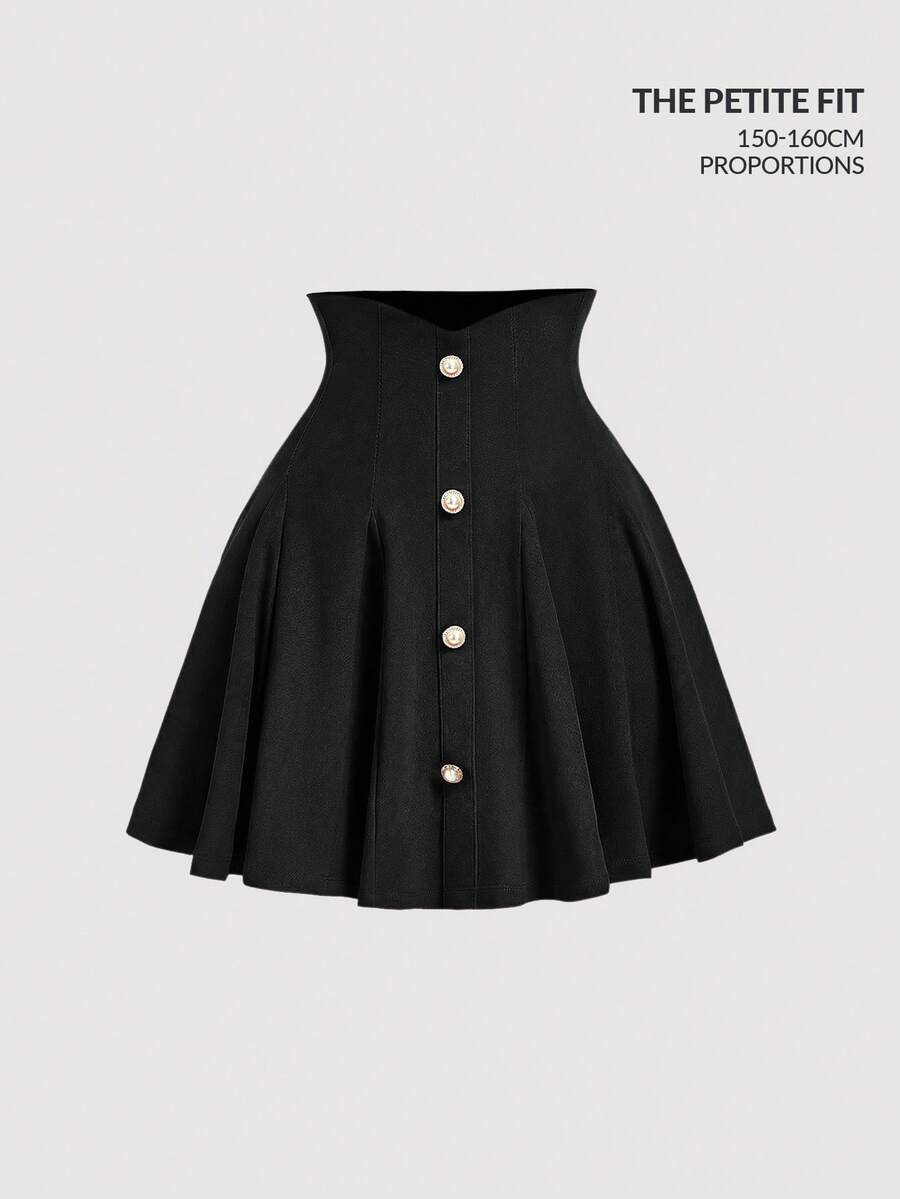 SHEIN MOD Petite Women's High Waist Button Design Elegant Skirt - Black - View 1