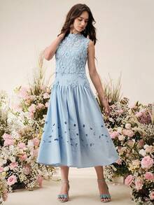 Anewsta 女士新款红色无袖刺绣优雅花卉连衣裙，春夏款 - 藍色 - 查看 4