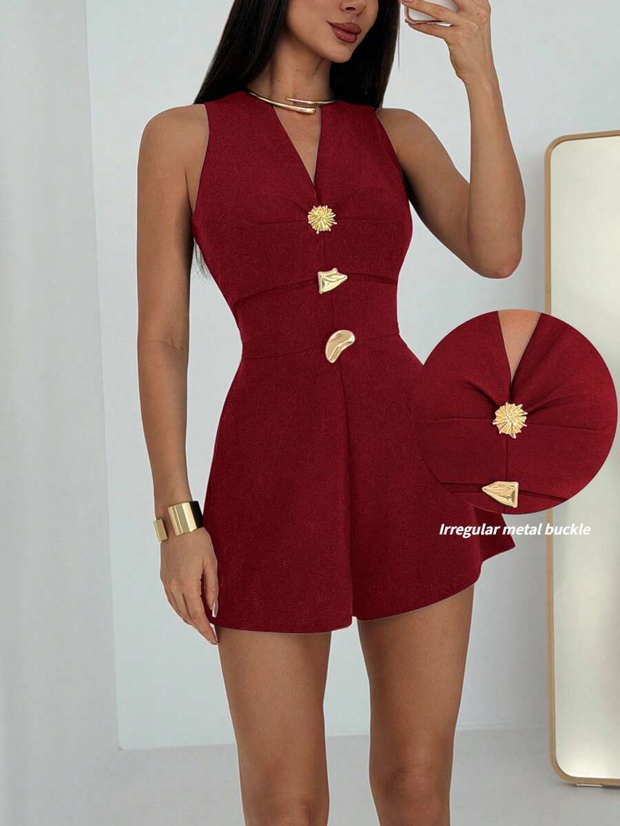 Aloruh Bộ áo liền quần không tay thời trang dành cho nữ, trang trí kim loại. - Màu Đỏ Sâu - Xem 1