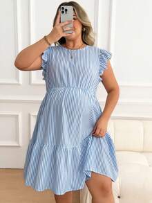 Plussiva Đầm kẻ sọc dáng rộng dành cho bà bầu cỡ lớn, thích hợp mặc mùa hè. - Màu xanh lam - Xem 7