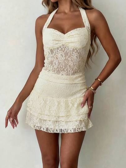 Bonvoyette 2pcs Women's Solid Color Textured Lace Halter Backless Tie Strap Coverup Set, Suitable For Summer Pool Party, St. Patrick's Day, Easter, Halloween, Sexy Nightclub Party, Cruise Party, Music Festival, Spring Break, Women's Swimwear, Women's Dress, Women's Beach Outfit, Beach Holiday Dress