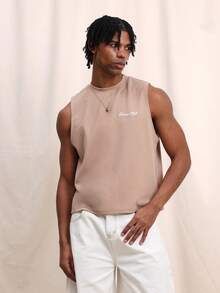 SUMWON Men's Sleeveless Tank Top With Crew Neck Solid Beige Basic Casual Summer Tee - Khaki - View 4