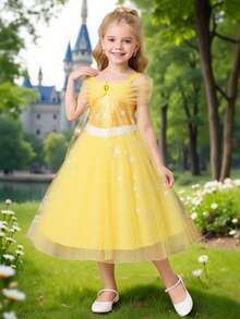 Glamorique Kids Đầm công chúa lưới màu vàng cho bé gái, đầm phồng voan in họa tiết bông tuyết, viền lông trắng, đính sequin vàng, trang phục dự tiệc, đầm dạ hội thanh lịch, hàng mới về mùa Thu/Đông, phù hợp mọi mùa, phong cách Trung Đông & Châu Âu, chất liệu mềm mại và thoải mái, thời trang Xuân/Hè 2026, thời trang mới SS26, đồ cần thiết cho kỳ nghỉ, trang phục mùa hè cho trẻ em. - Màu vàng - Xem 5