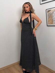 Jeta Ari 女士优雅性感波尔卡圆点印花露背吊带连衣裙 - 黑色 - 查看 6