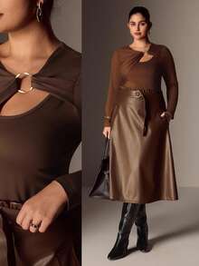 Juhart Plus Size Elenzga Women's Solid Color Ring Design Fitted Long Sleeve T-Shirt - Coffee Brown - View 1