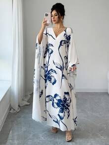 SHEIN Elenzya 优雅女士蓝色印花长款宽松连衣裙，V领喇叭袖设计，休闲度假沙滩长裙，适合日常、约会、派对、居家穿着，春夏皆宜。 - 藍白色 - 查看 4