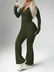 Slayform Women's Plus Size Casual Zip-Up Jacket With Thumb Hole And High Waist Flare Pants 2 Pieces Set - Army Green - View 8