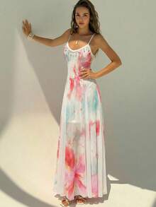 Aloruh New Vacation Boho Floral Mesh Print Patchwork Shell Ribbon Waist Maxi A-Line Dress Sundress Long Beach Summer - White - View 7