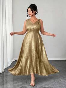 Elenzga Women's Elegant V-Neck Gold Satin Sleeveless Long Dress,Plus Size Glitter Evening Gown,Summer Wedding Guest Gala Formal Dress,Spring Vacation Dress - Gold - View 6