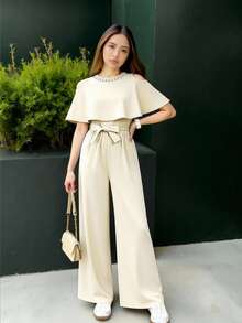 Elegant Commuter 2 In 1 Cloak & Jumpsuit Set For Teen GirlGraceful & Noble - Apricot - View 1