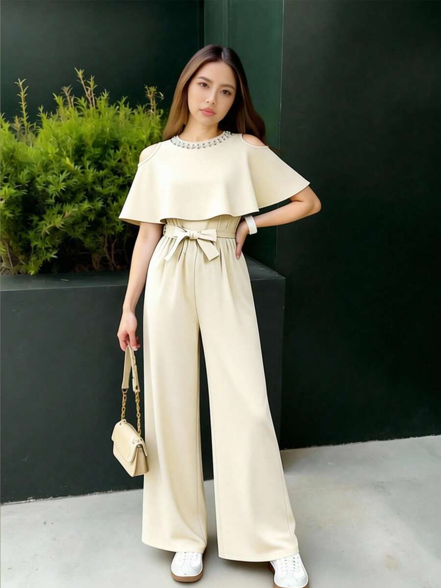 Elegant Commuter 2 In 1 Cloak & Jumpsuit Set For Teen GirlGraceful & Noble - Apricot - View 1