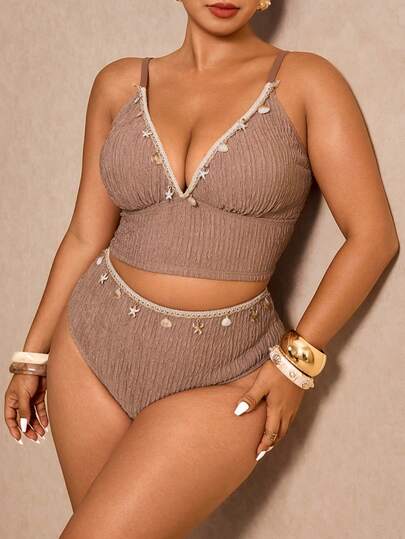 Elaquor Plus Size Beach Pendant Decorated Swimsuit Set