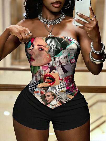 Slaydiva Günlük Kullanıma Uygun, Minimalist Çizgi Film Soyut Desenli Kadın Takımı, Yaz İçin İdeal