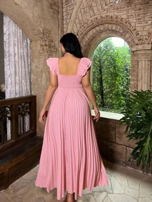 Lyrianda 新款夏季时尚性感V领短袖扭结荷叶边设计中长连衣裙 - 粉色 - 查看 2