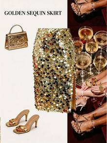 Ellevyn Gold Sequin High Slit Skirt, Elegant & Fashionable For Party - Gold - View 2