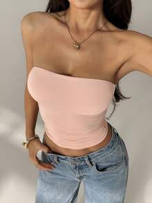 SHEIN PETITE Áo croptop quây xếp ly màu trơn dành cho nữ - màu đen - Xem 6