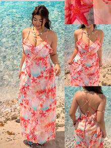 SHEIN EZwear Đầm chiffon cỡ lớn dành cho kỳ nghỉ hè trên đảo, với họa tiết hoa lãng mạn và viền bèo nhún. - Hồng - Xem 7