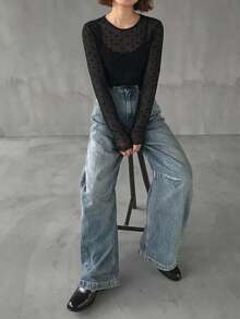 FRIFUL 女士波点印花网纱长袖休闲衬衫 - 黑色 - 查看 7