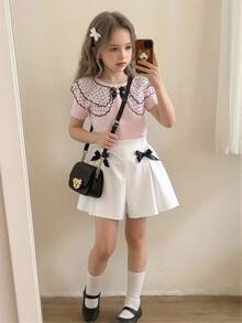 2pcs/Set Young Girls Cute Sweet Polka Dot Ruffle Collar T-Shirt And Elastic Waist 3D Bow Skort, Casual & Fashionable Summer Outfit For Little Girls - Pink - View 3