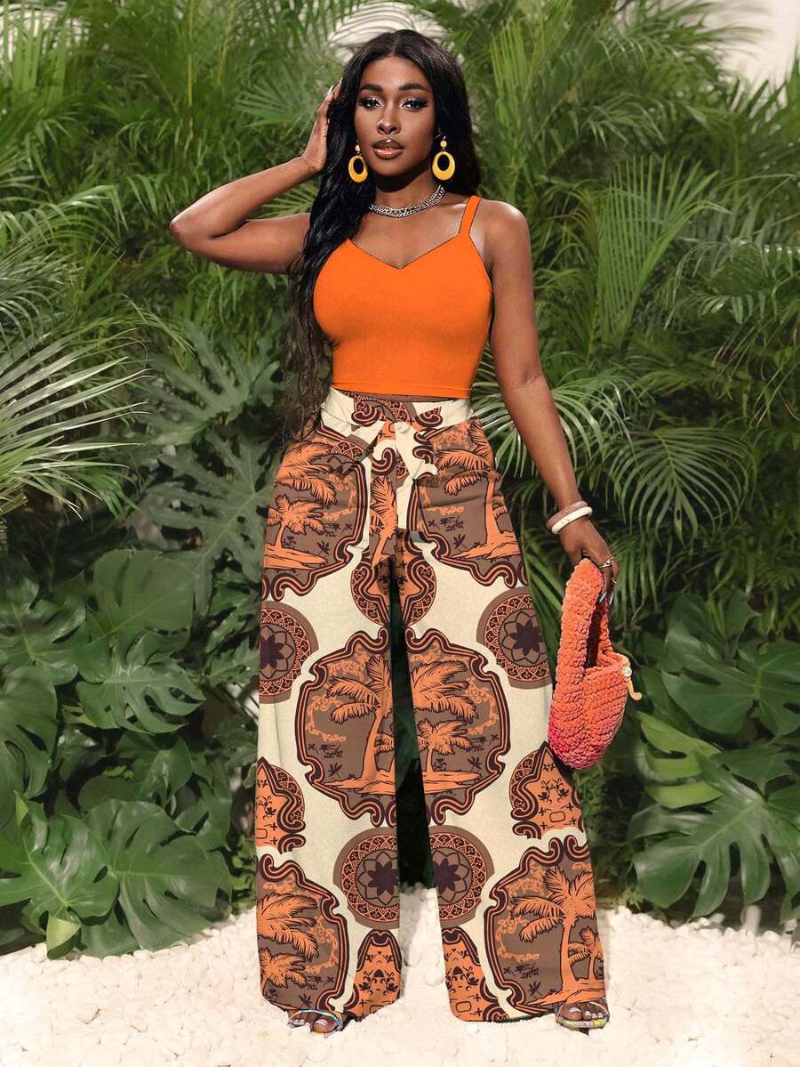 Slaydiva 休闲简约碎花图案两件套，适合夏季女性穿着