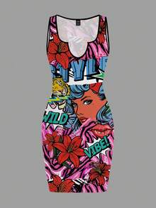 Slaydiva 新款春夏迷你连衣裙/音乐节/休闲简约基础款/Y2K/街头风/街头甜美/网红热销/日常约会/辣妹风/性感/夜店/返校季/外出/嘻哈/网络爆款同款/颓废风/复古拼接印花Y2K时尚漫画印花连衣裙Y2K连衣裙女装热销连衣裙惊艳连衣裙 - 彩色 - 查看 3